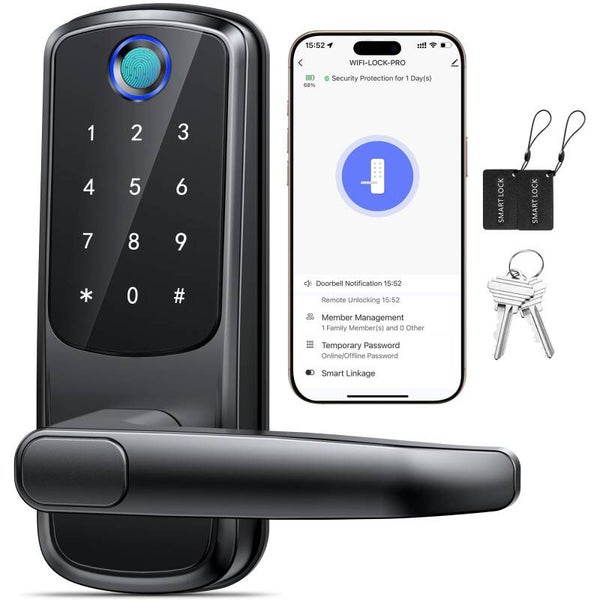 ohoTeco Keyless Entry Door Lock with Handle, Built-in WiFi Deadbolt, Smart Fingerprint Security Lock for Front Door, Support Doorbell Call and APP Unlock, Easy Installation, Matte Black