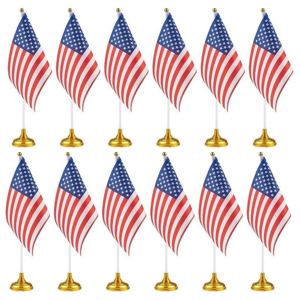 12-Pack Mini American Flags with Stand Base for Desk, Veterans, 4th of July, Memorial Day Small Miniature USA Desktop Centerpiece for Patriotic Home Office Table Party Decorations