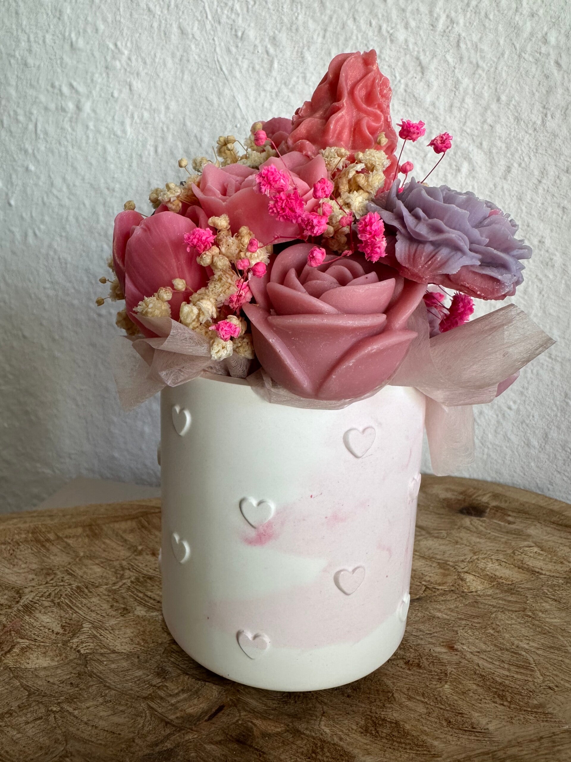 Kerzenstrauß "Blütenpoesie in Rosa Lila" handgegossen aus Rapswachs