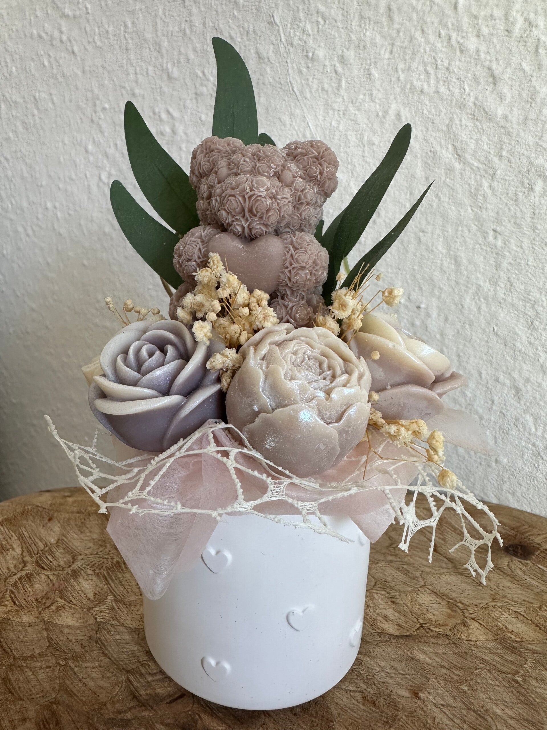 Kerzenstrauß "Teddy Amore" handgegossen aus Rapswachs