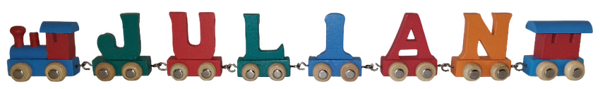 Gekleurde lettertrein met de naam Julian