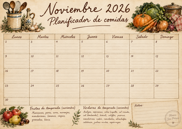 Planificador de comidas noviembre 2026 imprimible | Menú mensual vintage con frutas y verduras de temporada