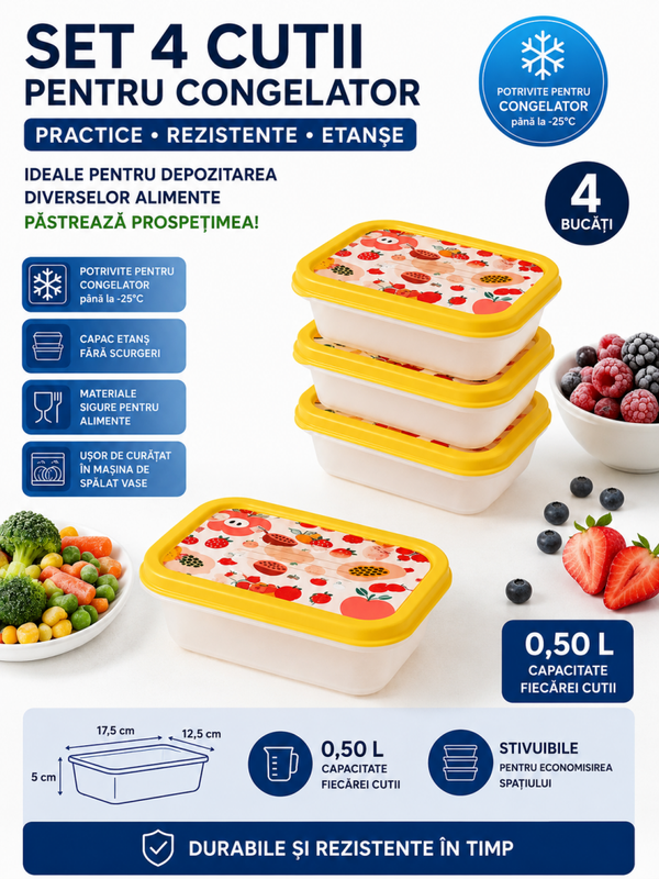 Set CutiI pentru Congelator – 5 × 0,5 L | Practice, Etanșe și Ideal pentru Porționare