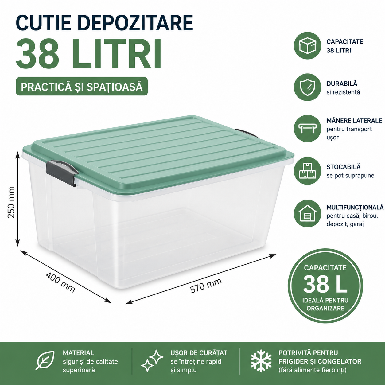 Coș de Depozitare cu Capac – 38 Litri | Robust, Spațios și Ușor de Manipulat