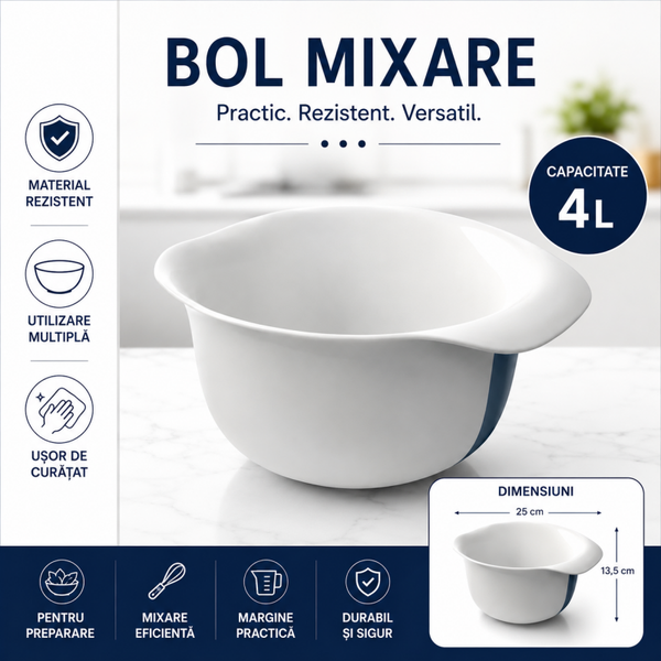 Bol pentru Frișcă / Castron de Bucătărie – 4 Litri | 18.8×26×14.2 cm | Ideal pentru Mixat și Preparat