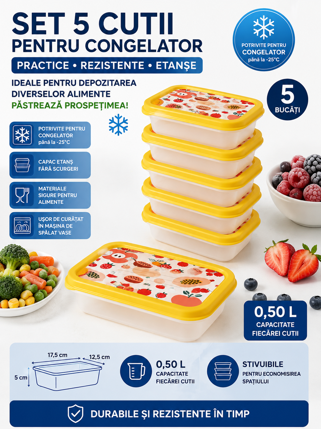 Set CutiI pentru Congelator – 5 × 0,5 L | Practice, Etanșe și Ideal pentru Porționare