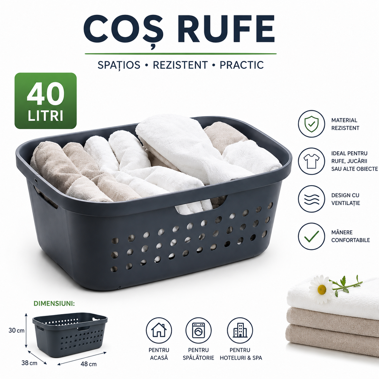 Coș de Rufe din Plastic – 39 Litri | Practic, Rezistent și Ușor de Manipulat