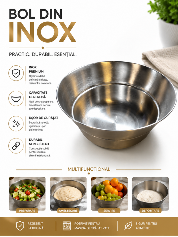 Bol din Inox – 2.5 Litri | Rezistent, Igienic și Versatil
