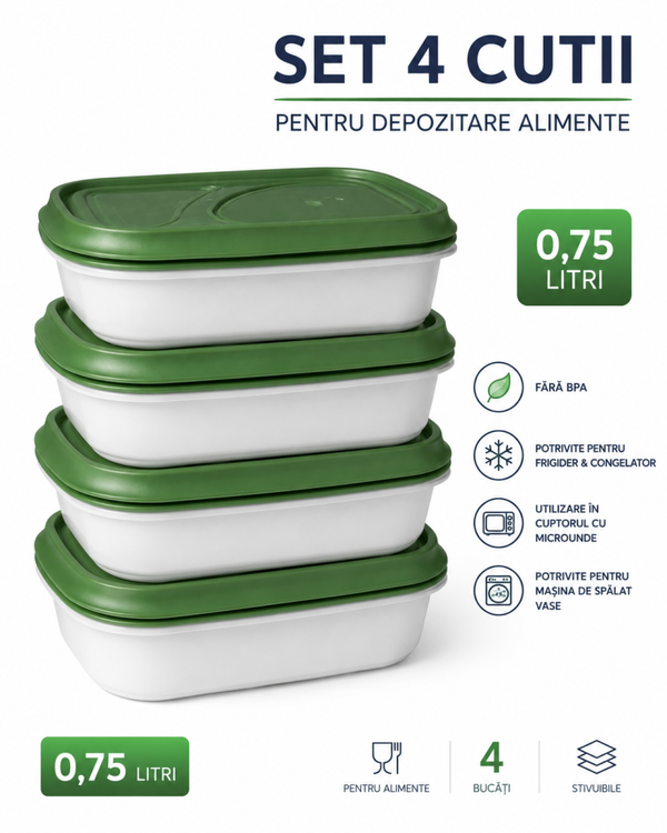Set 4 Cutii Alimentară 0.75 Litri – Ideală pentru Depozitare și Încălzire