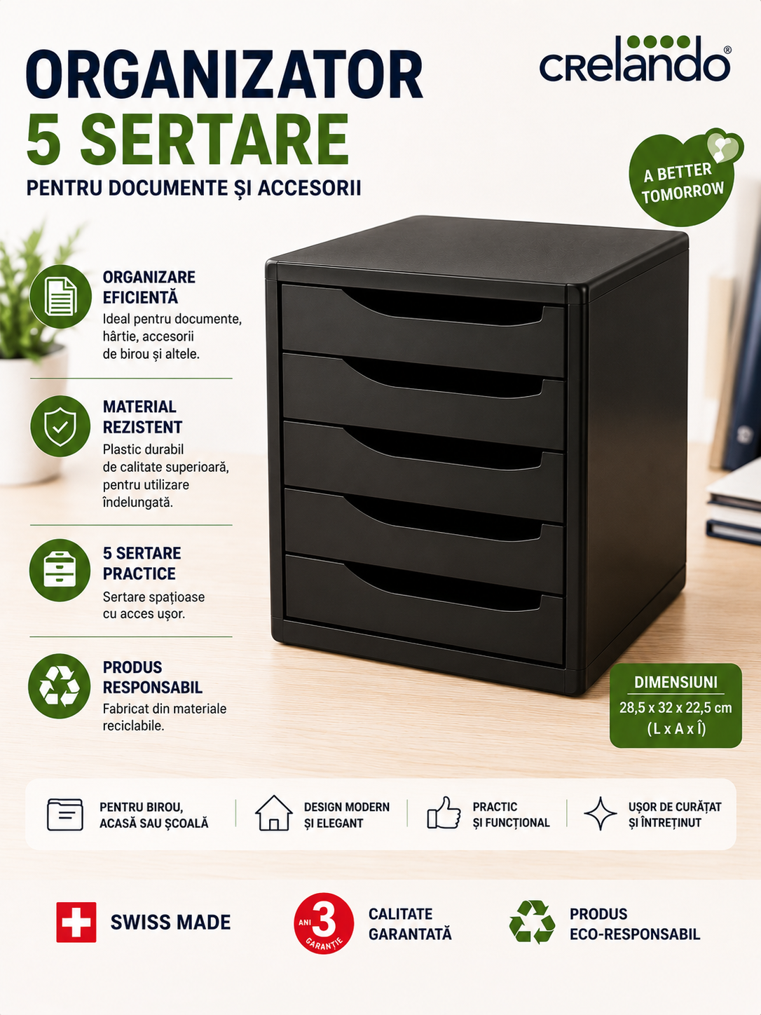 Raft / Suport Organizare pentru Documente, cu Sertare – 33.5 × 28.5 × 32 cm | Ideal pentru Birou