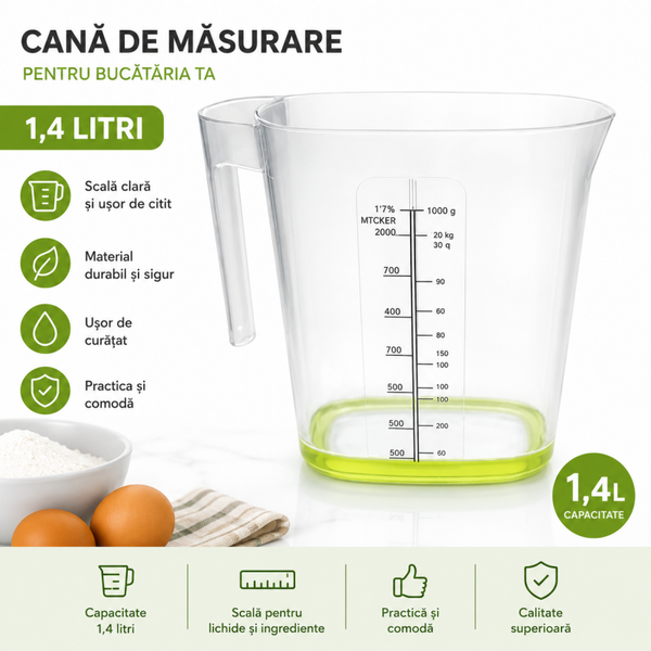 Cană Gradată de Bucătărie – 1 Litru | Plastic Rezistent | Măsurare Precisă pentru Gătit și Copt