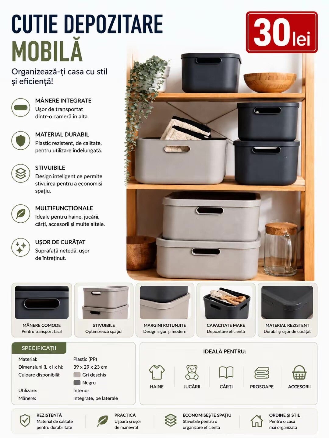 Cutie de Depozitare – 20 L, cu Capac și Mânere | Organizare Practică și Durabilitate