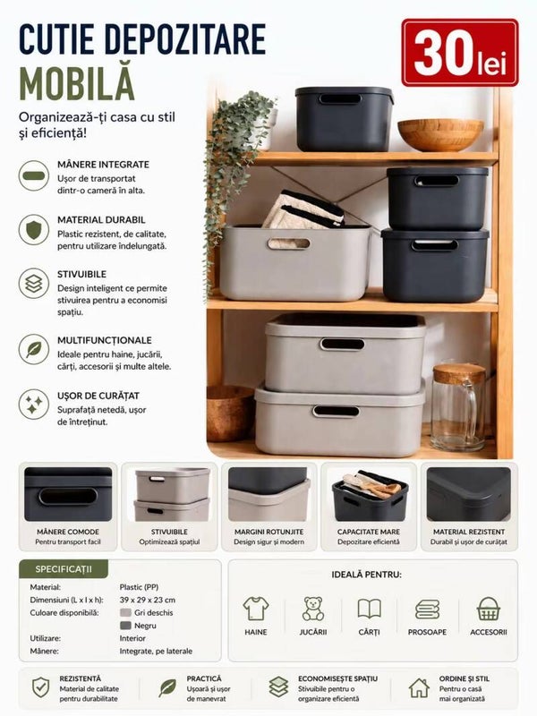 Cutie de Depozitare – 20 L, cu Capac și Mânere | Organizare Practică și Durabilitate