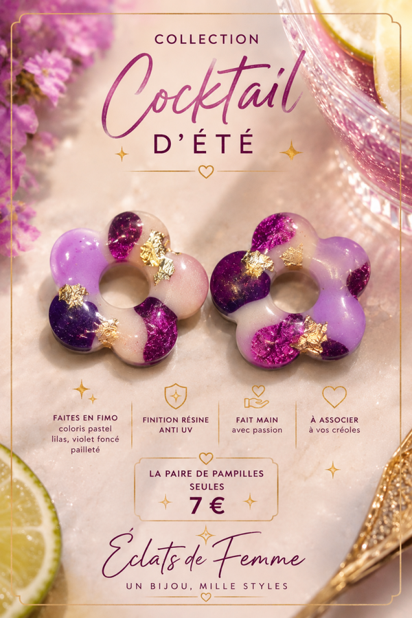 Pampilles avec créoles  cocktail d'été violette