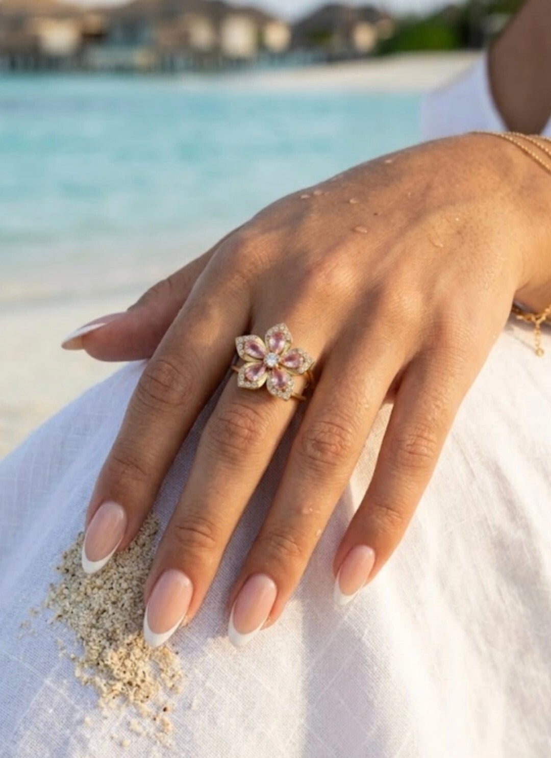 Bague Anti-Stress Fleur rose et strass en Acier Inoxydable – Douceur & Élégance