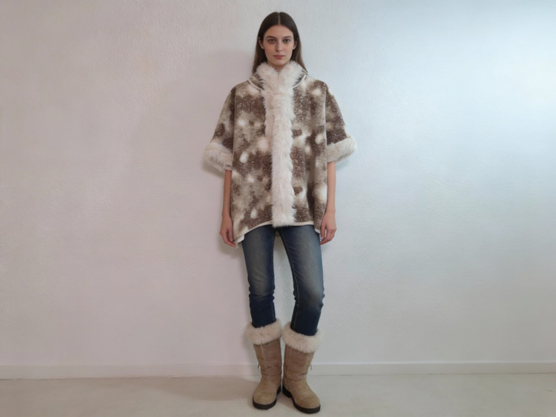 Poncho met imitatiebont en tie-dye patroon