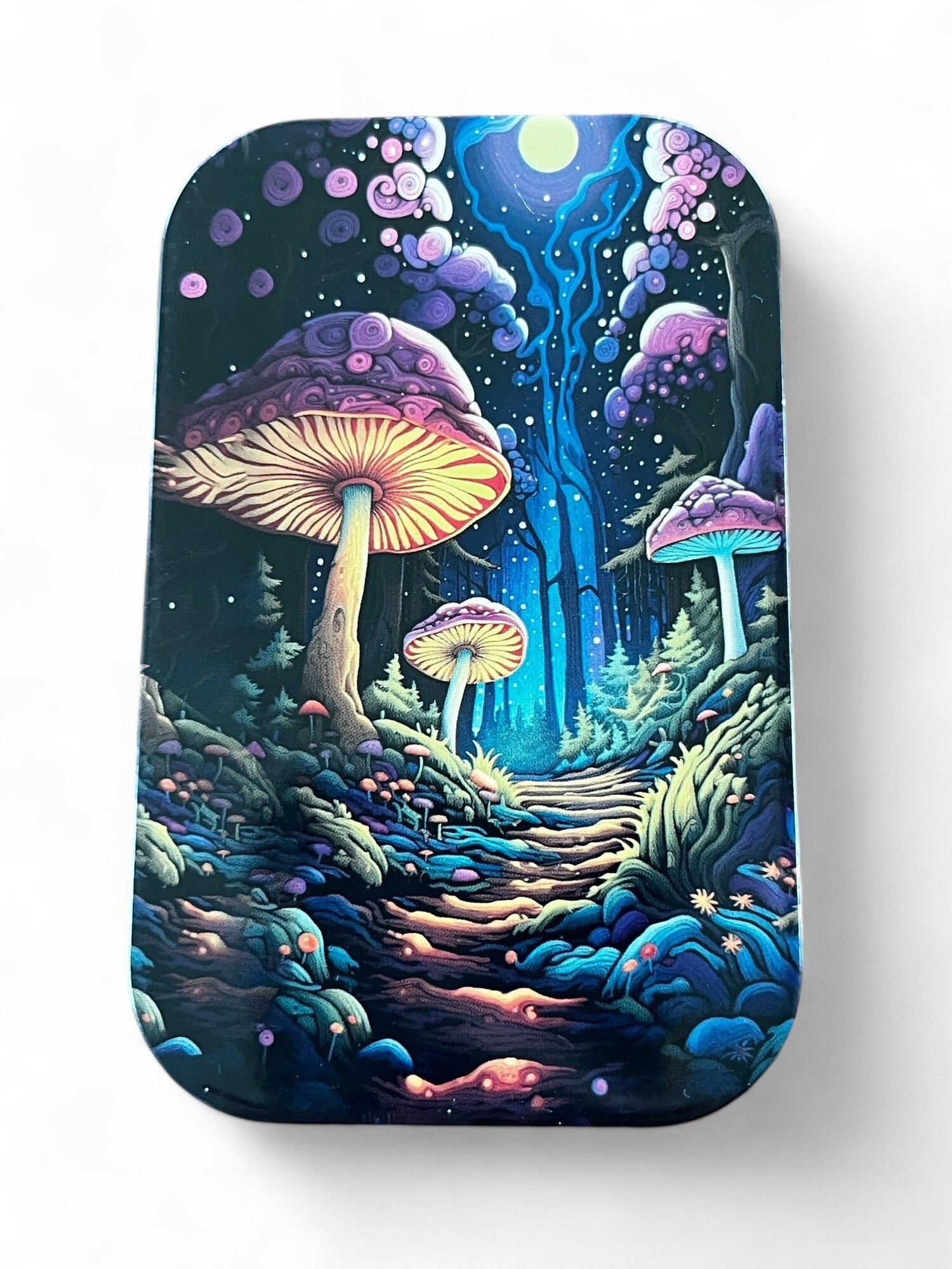 Lille metaldåse med farverig svampemotiv