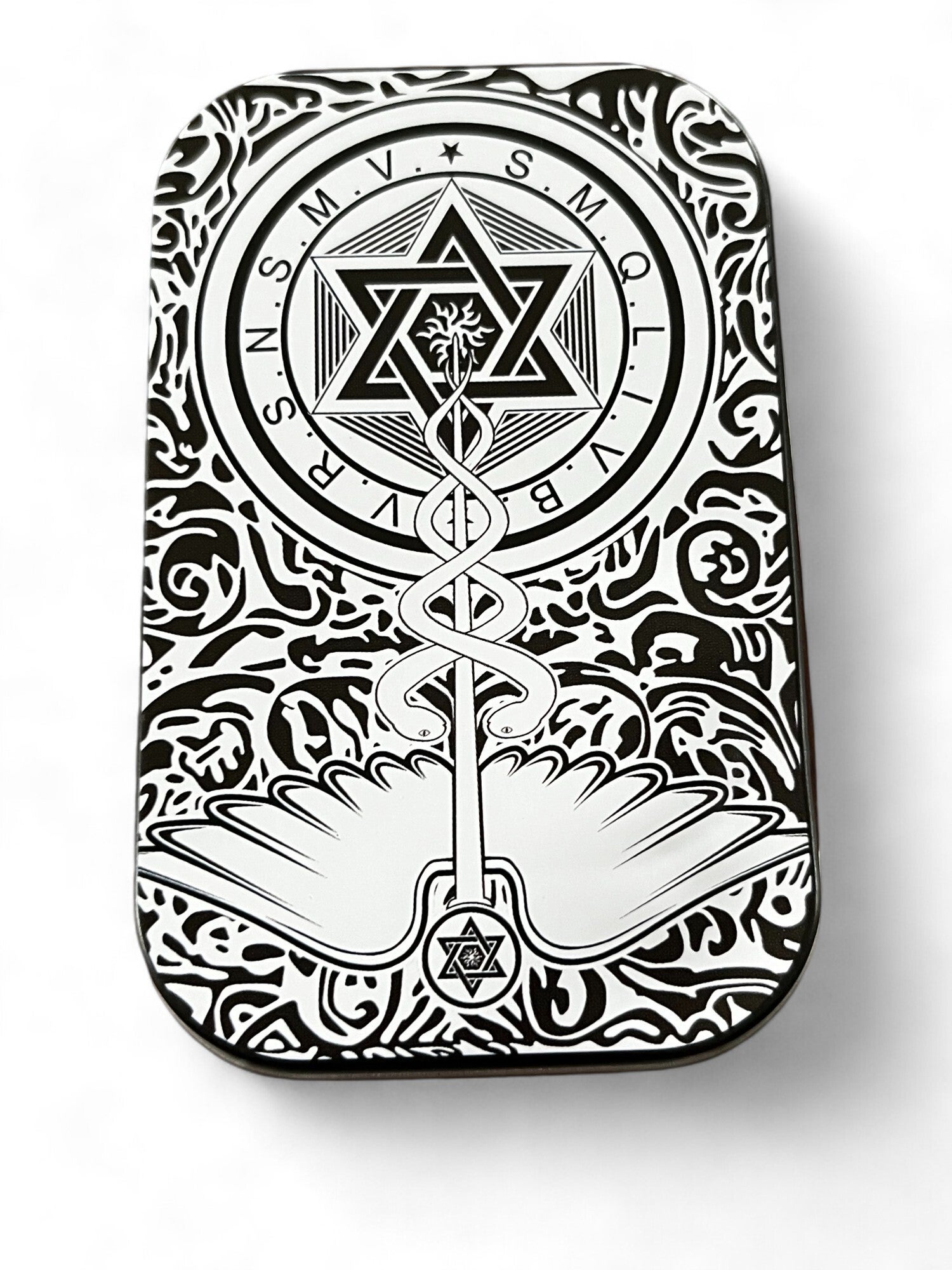 Lille metaldåse sort/hvid medicin motiv