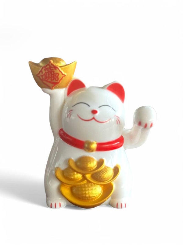 Hvid lykke maneki-neko vinkekat med guld