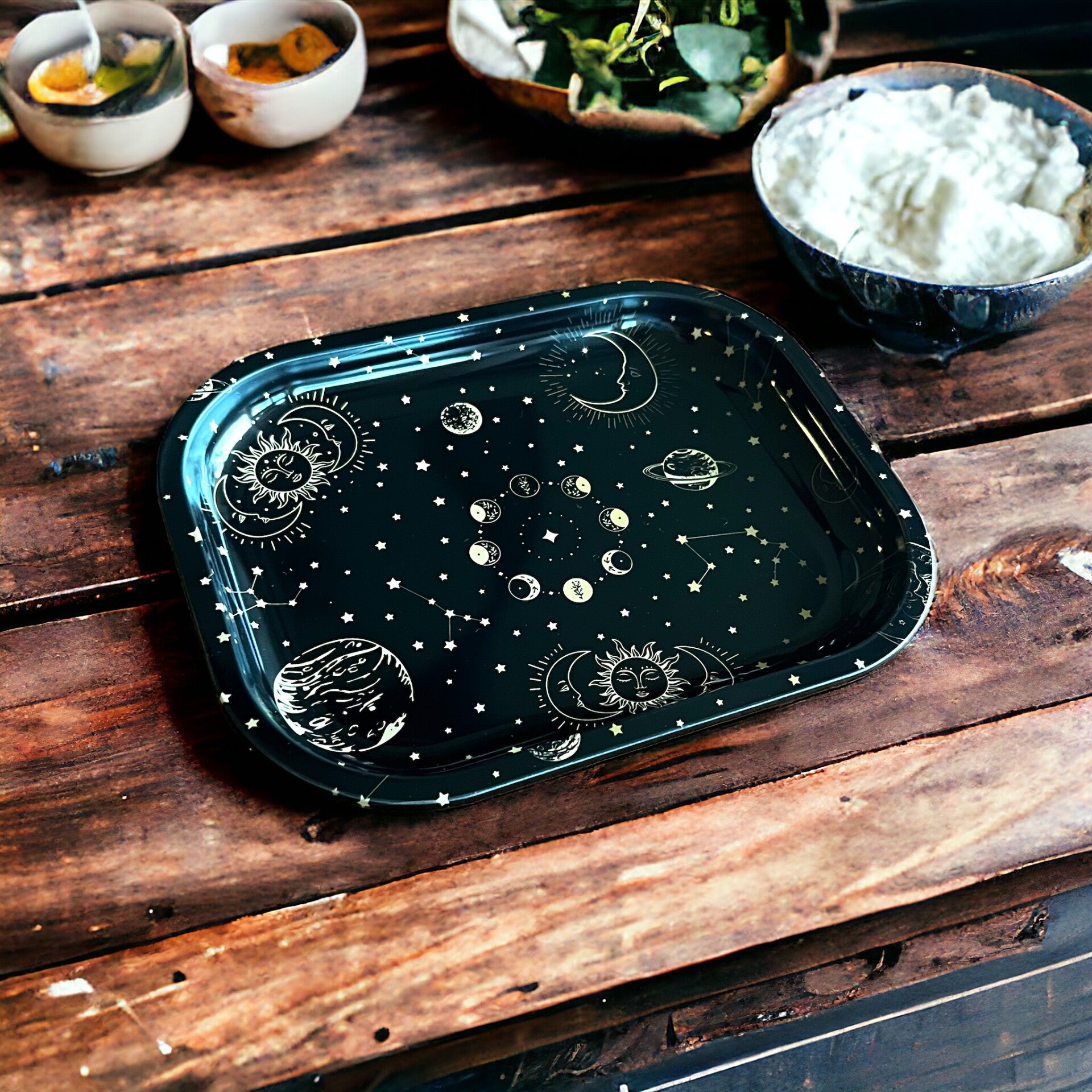 Lille metalbakke med print af sol og måne