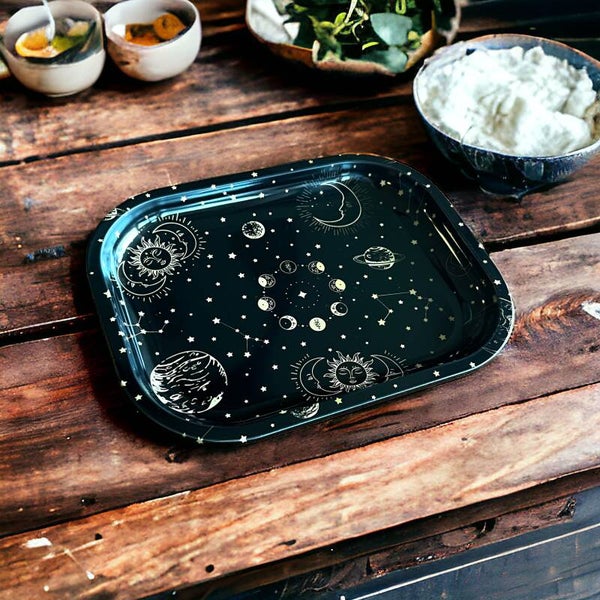 Lille metalbakke med print af sol og måne