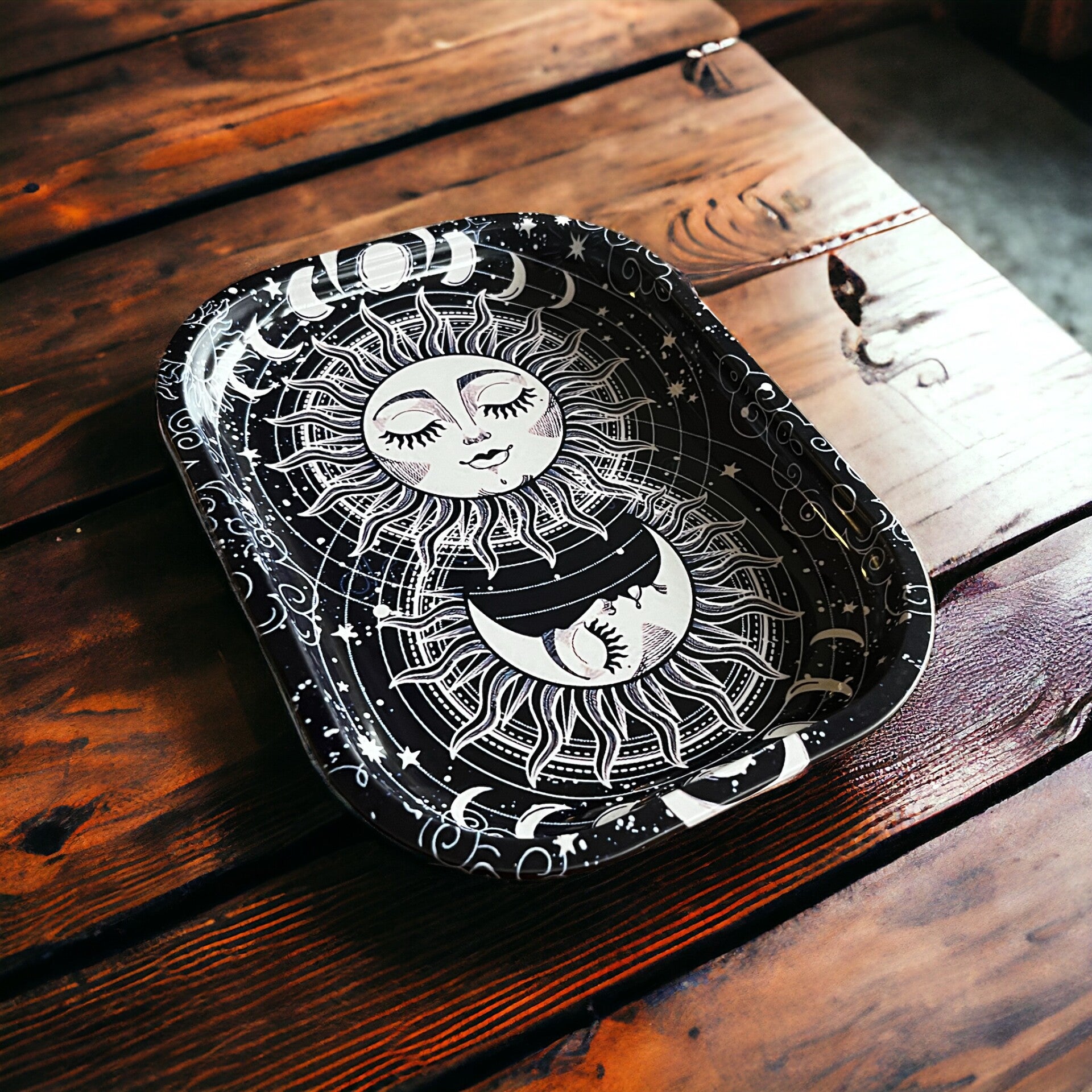 Lille metalbakke med print af sol og måne