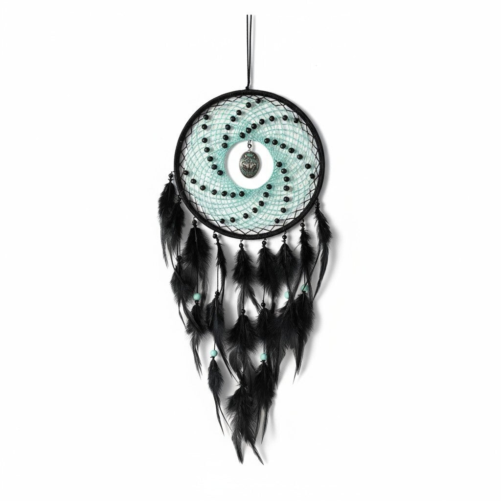 Sort og turkis drømmefanger med ulve vedhæng
