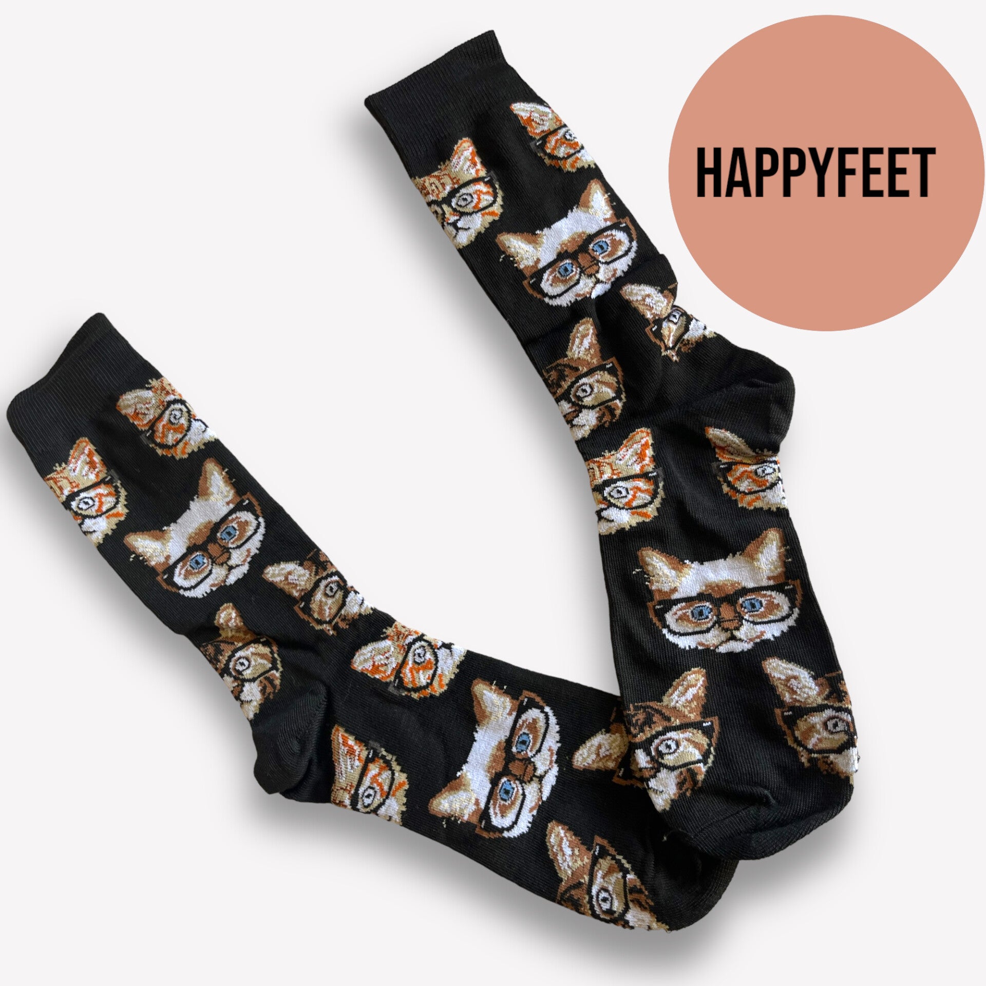 Sorte sokker med katteansigter og tekst