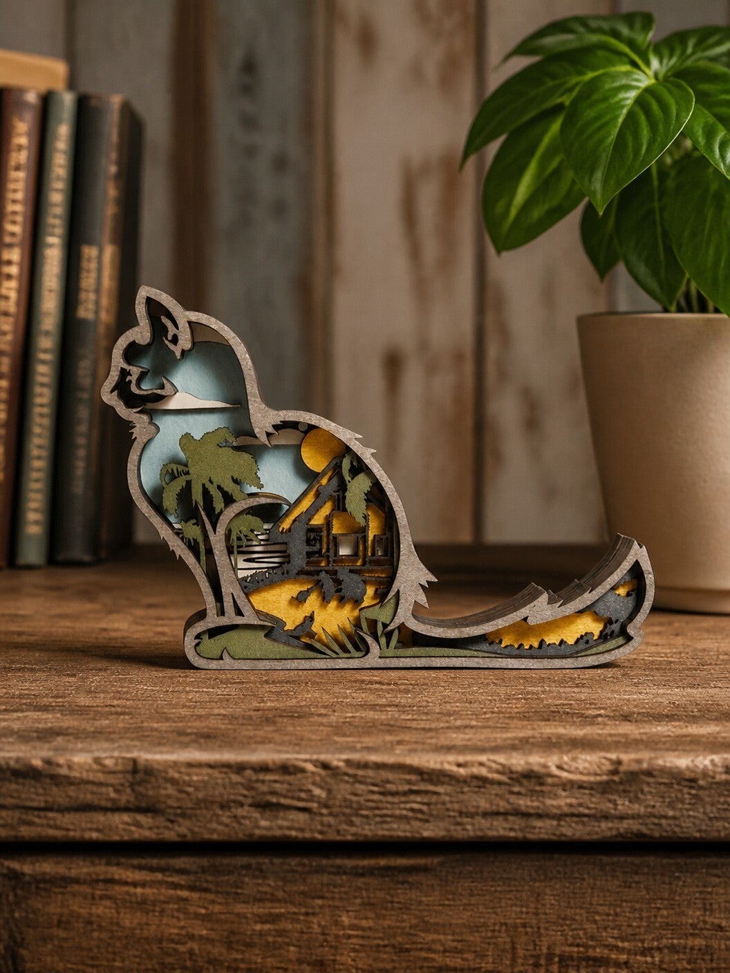3D udskåret træ kat m/u lys