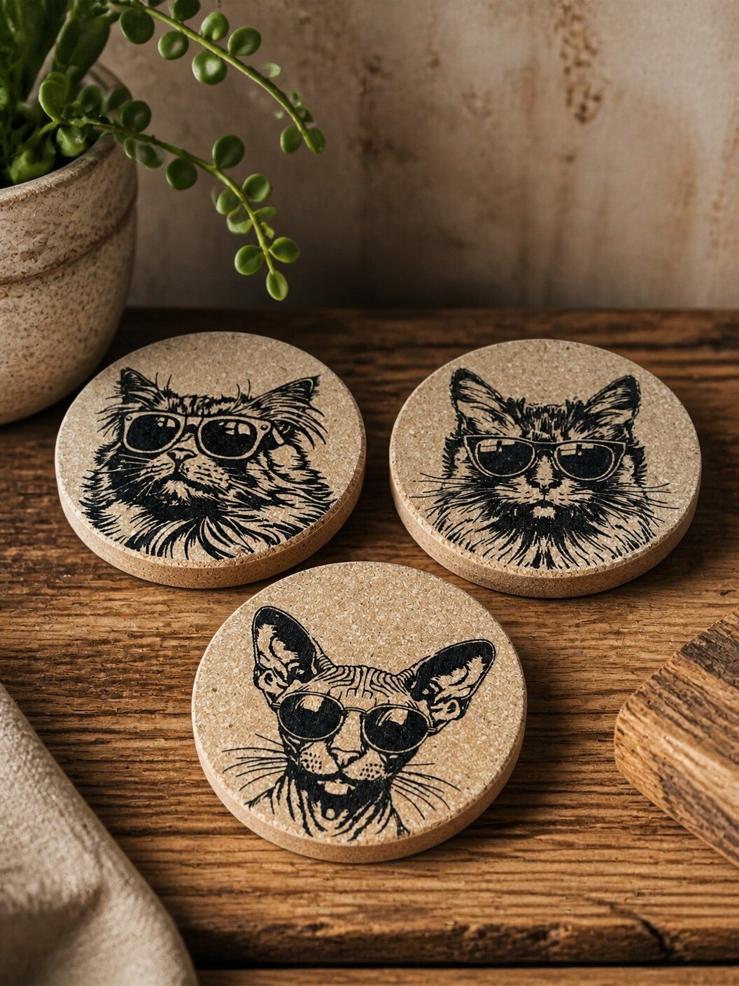 Flotte kork coasters med katte