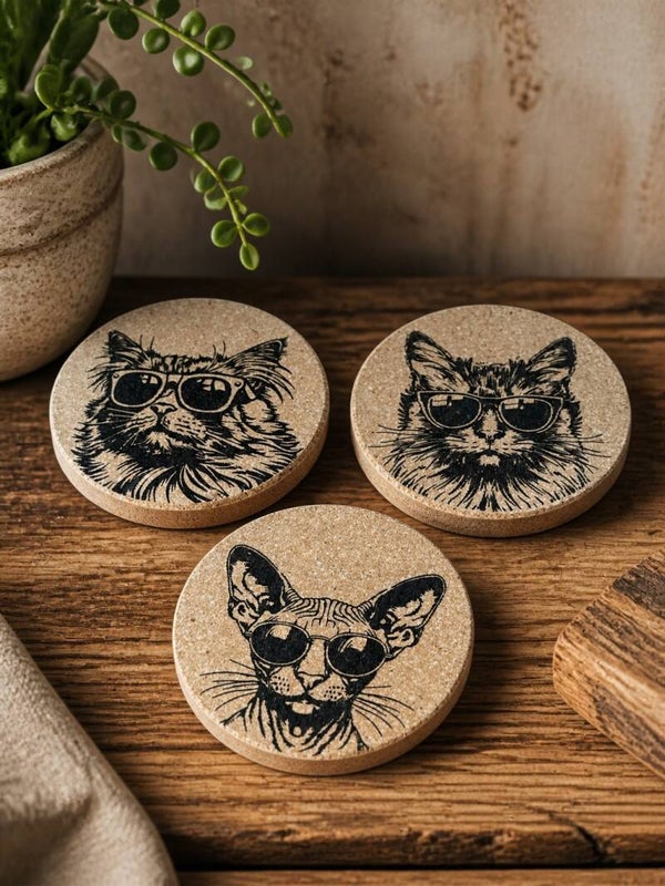 Flotte kork coasters med katte
