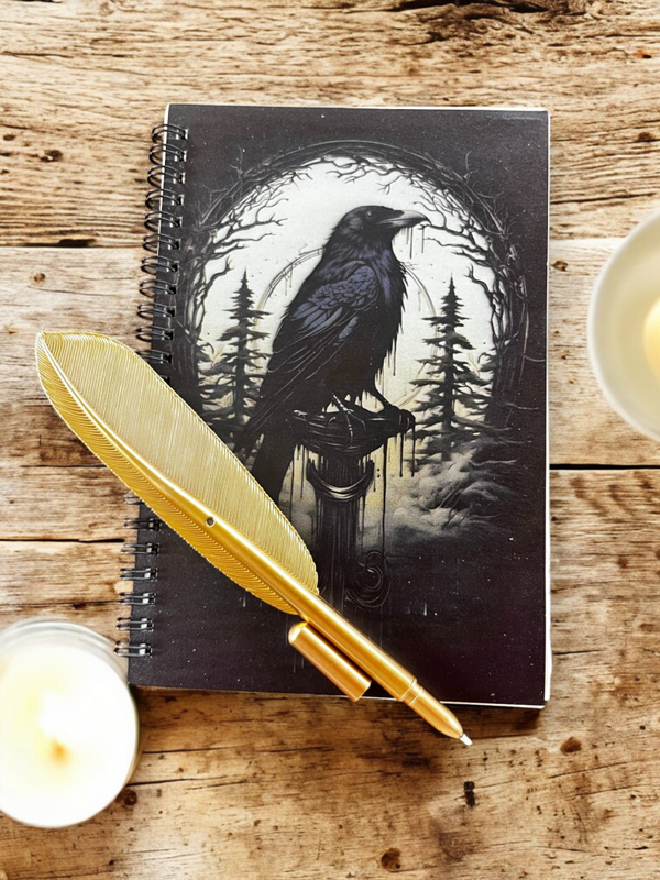 Notesbog med ravn og fjerkuglepen