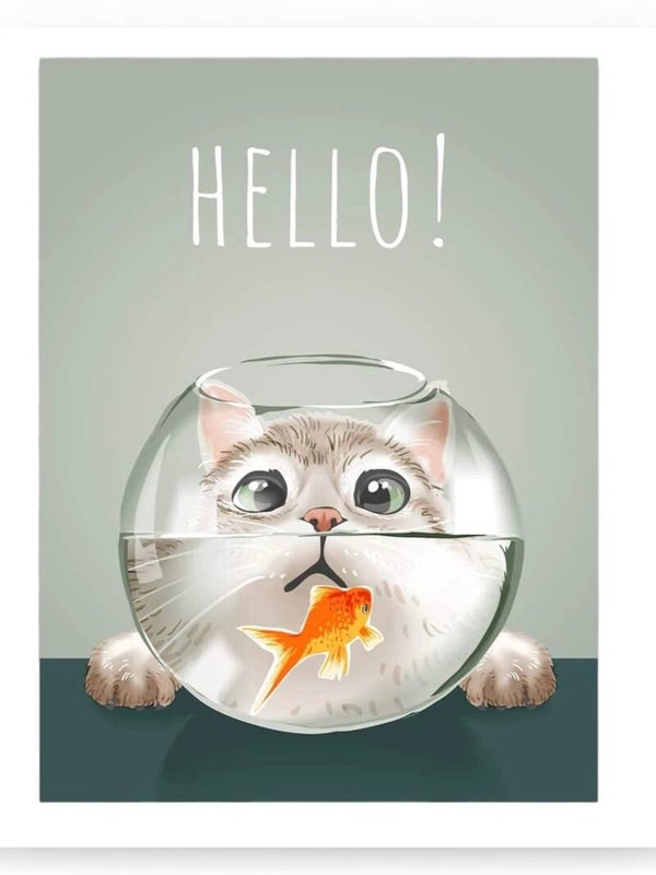 Sjovt lærreds plakat af kat og guldfisk