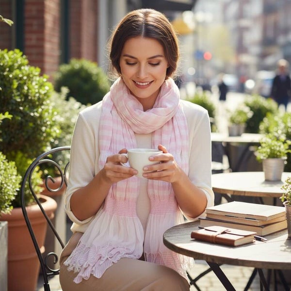 Lækkert hvidt og lyserødt bomuldstørklæde