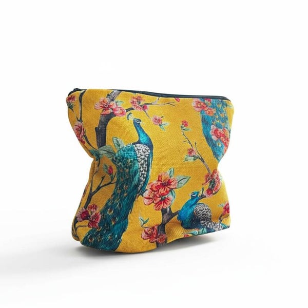 Toiletpung/taske i gul med påfugle