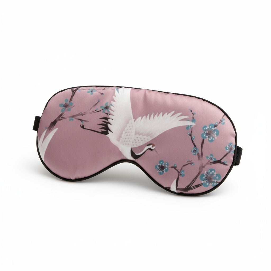 Silkeagtig lyserød sovemaske med trane