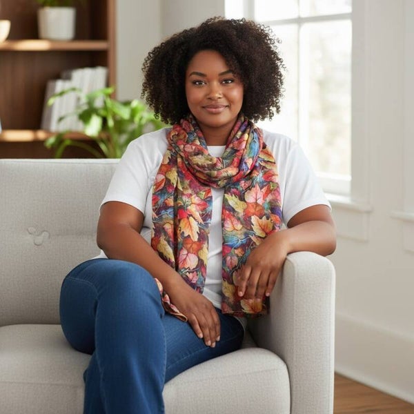 Lækkert tyndt tørklæde i efterårsfarver