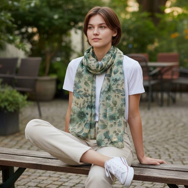 Flot tørklæde med blå/grønne blade