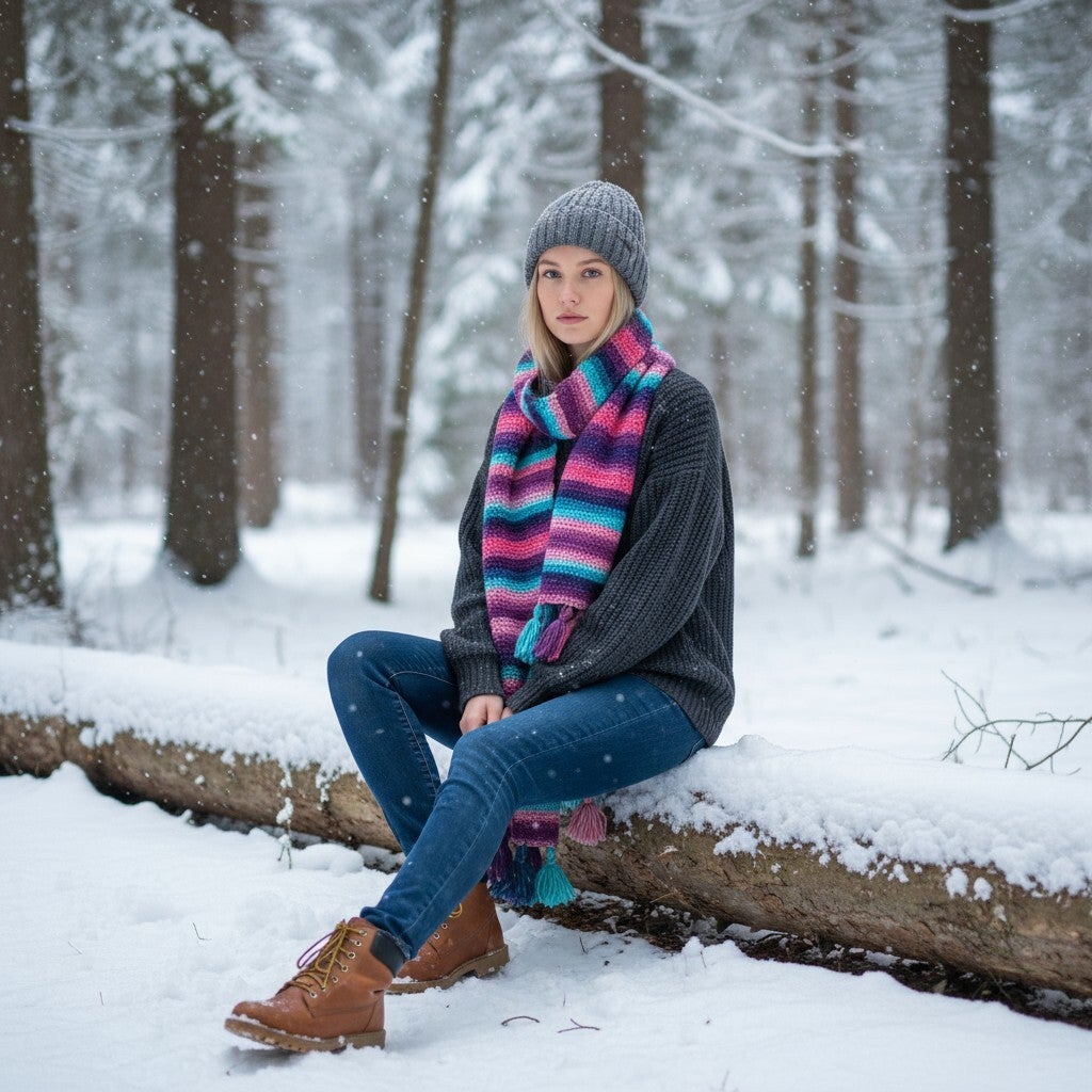 Hæklet tykt halstørklæde i Lilla/pink/turkis