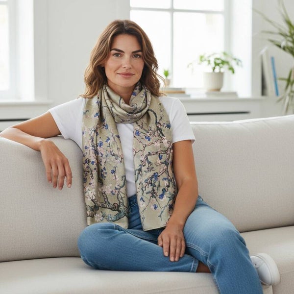 Elegant tørklæde i beige med natur motiv