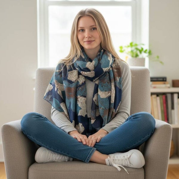 Lækkert tørklæde i blå og beige mønster