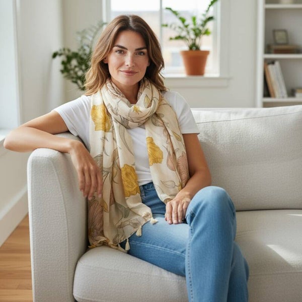 Flot tørklæder i beige med gyldne blomster