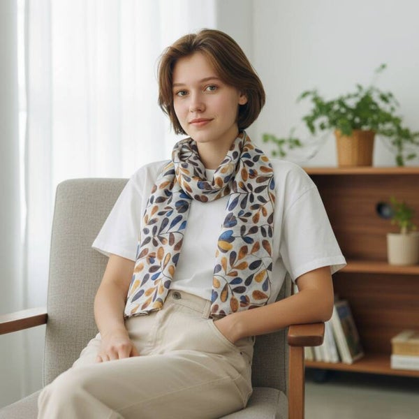 Let tørklæde med blå og gyldne blade