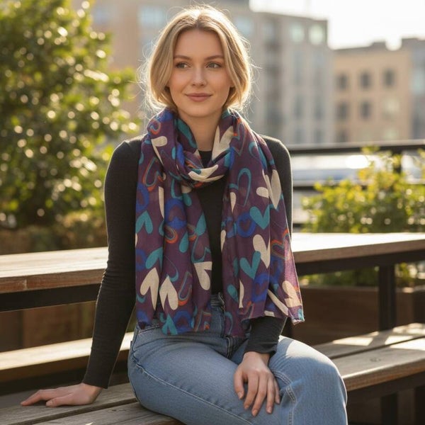 Flot tørklæder i blå og lilla med hjerter