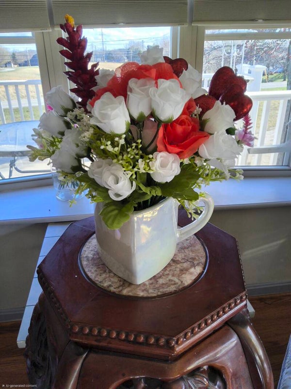 #20 Small red and white mini rose mug arrangement