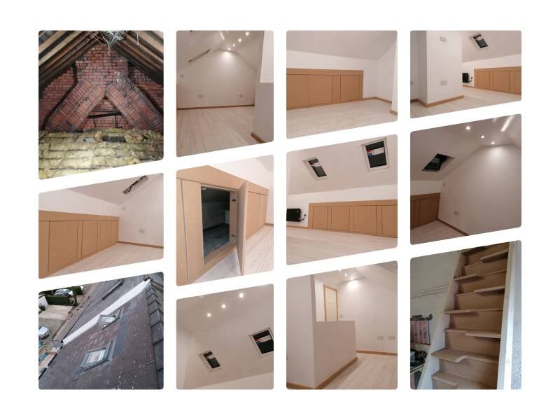 Selection of images showing a before view of an attic space, followed by views from inside and out of a conversion, including skylights, storage and staircase