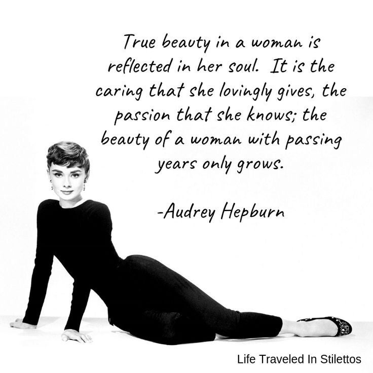 Black and white image of a woman with an Audrey Hepburn quote about beauty growing with age, reflecting confidence and aging gracefully over 60.