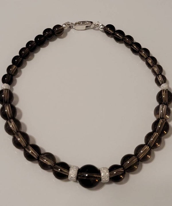 Bracelet en a0rgent véritables perles en pierre gemme quartz fumé