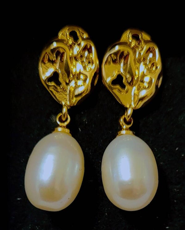 Boucles d'oreilles pendantes en Argent 925 doré or fin 24k perles naturelles