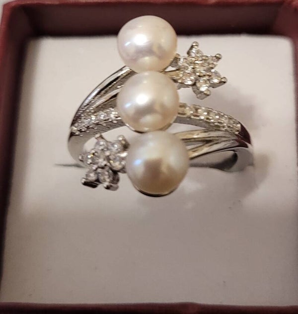 Bague en argent réglable et véritables perles naturelles